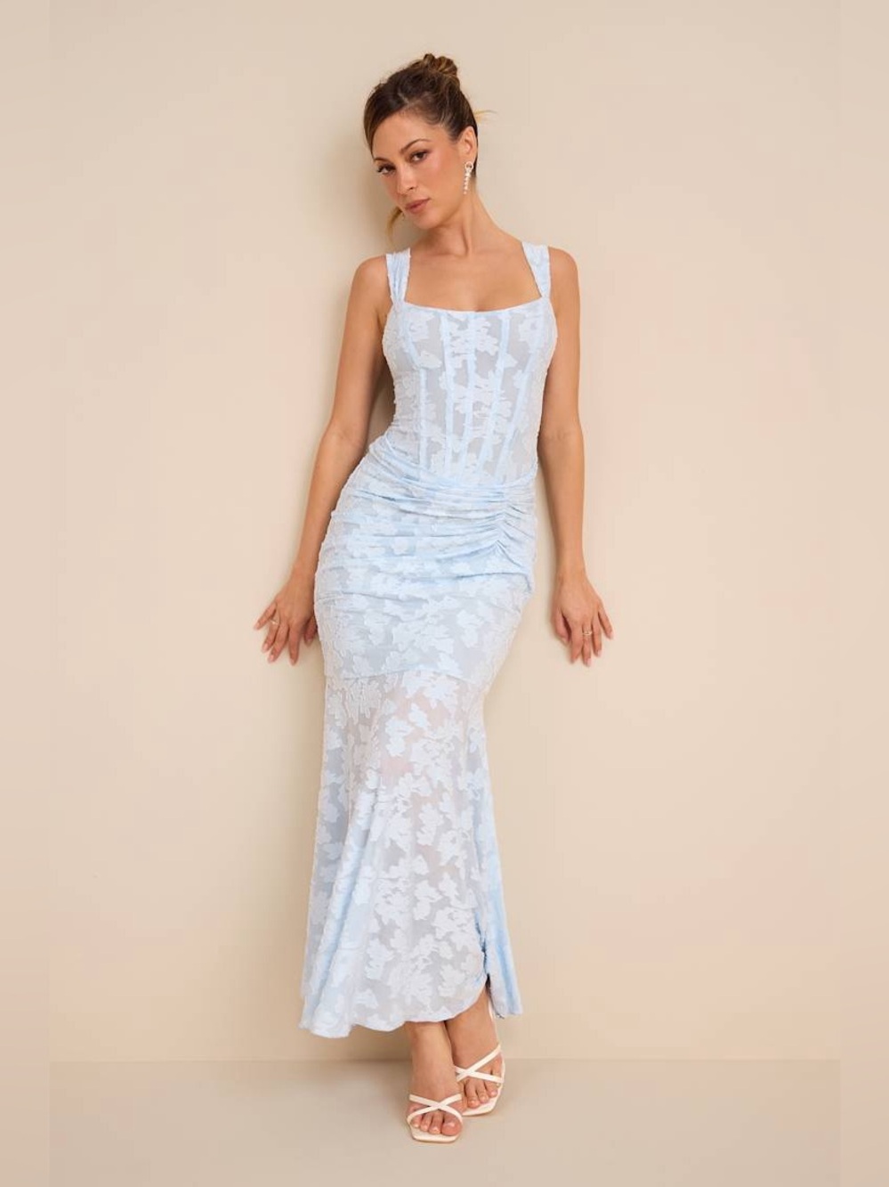 Lulu’s Celeste Light Blue Floral Burnout Bustier Maxi Dress
